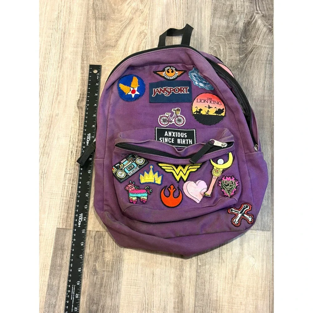 Vintage Y2K JanSport SuperBreak Purple Canvas Backpack Custom Patchwork
